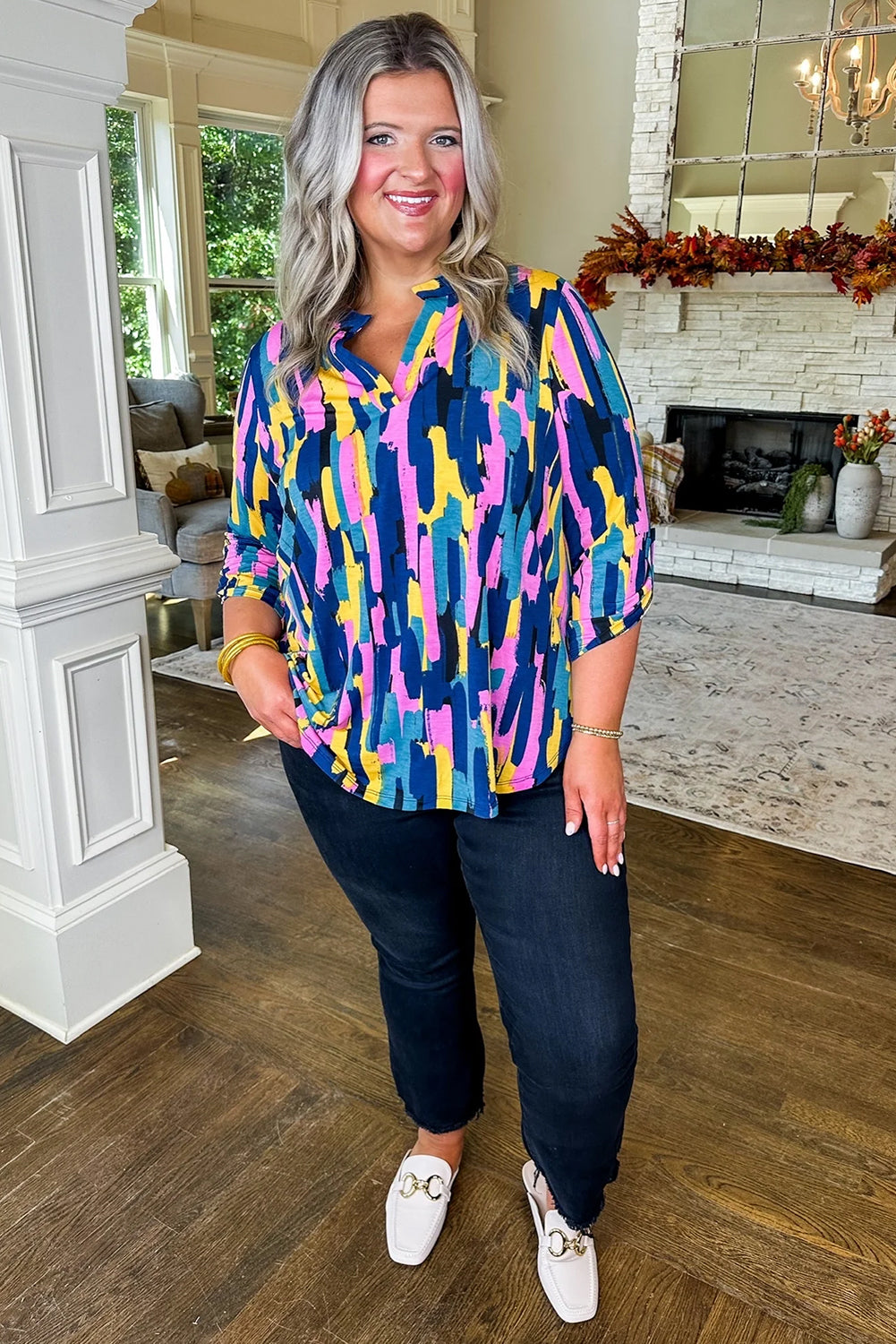 Blue Brushstroke Print 3/4 Sleeve Plus Size Blouse Plus Size JT's Designer Fashion