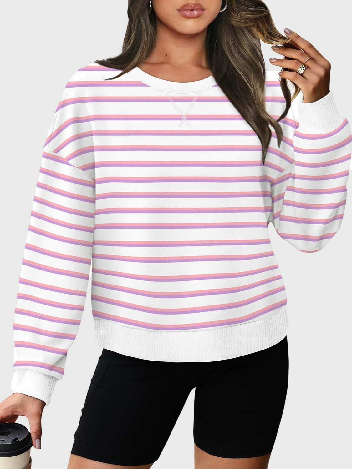 Striped Round Neck Long Sleeve Sweatshirt Dusty Pink Long Sleeve Tops JT's Designer Fashion