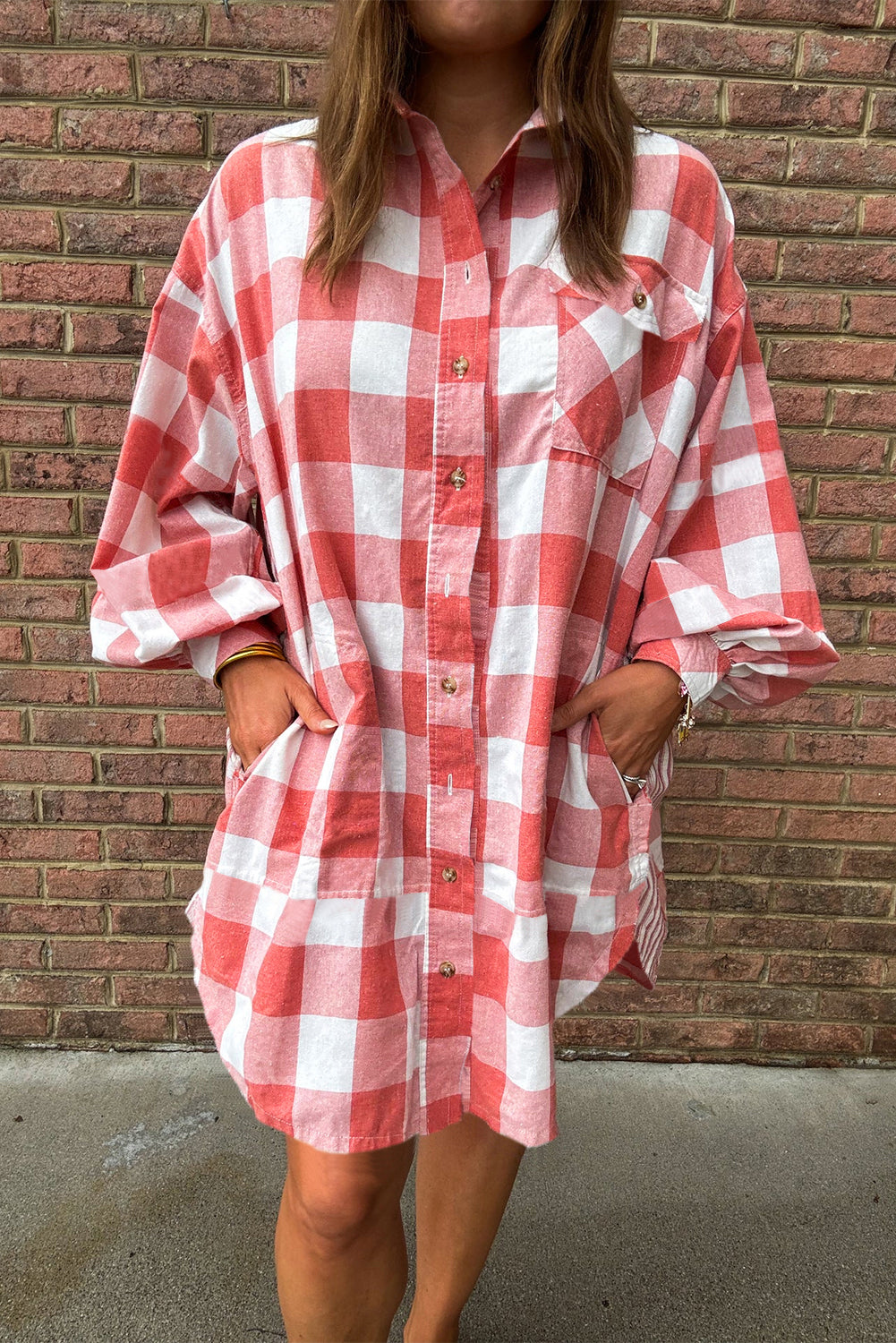 Pink Oversized Plaid Puff Sleeve Round Hem Shirt Dress Mini Dresses JT's Designer Fashion