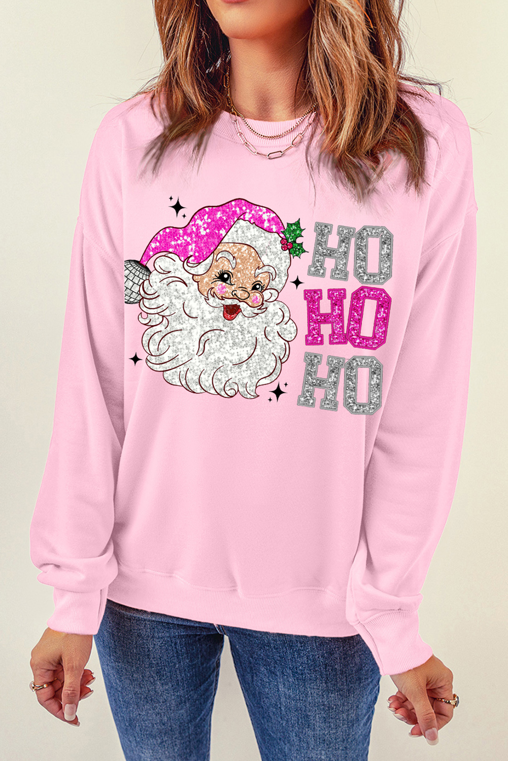 Pink Santa Claus HO HO HO Christmas Graphic Sweatshirt Graphic Sweatshirts JT's Designer Fashion