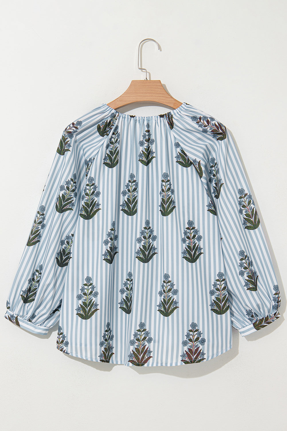 Beau Blue Striped Floral Printed Long Sleeve Tied V Neck Blouse Blouses & Shirts JT's Designer Fashion