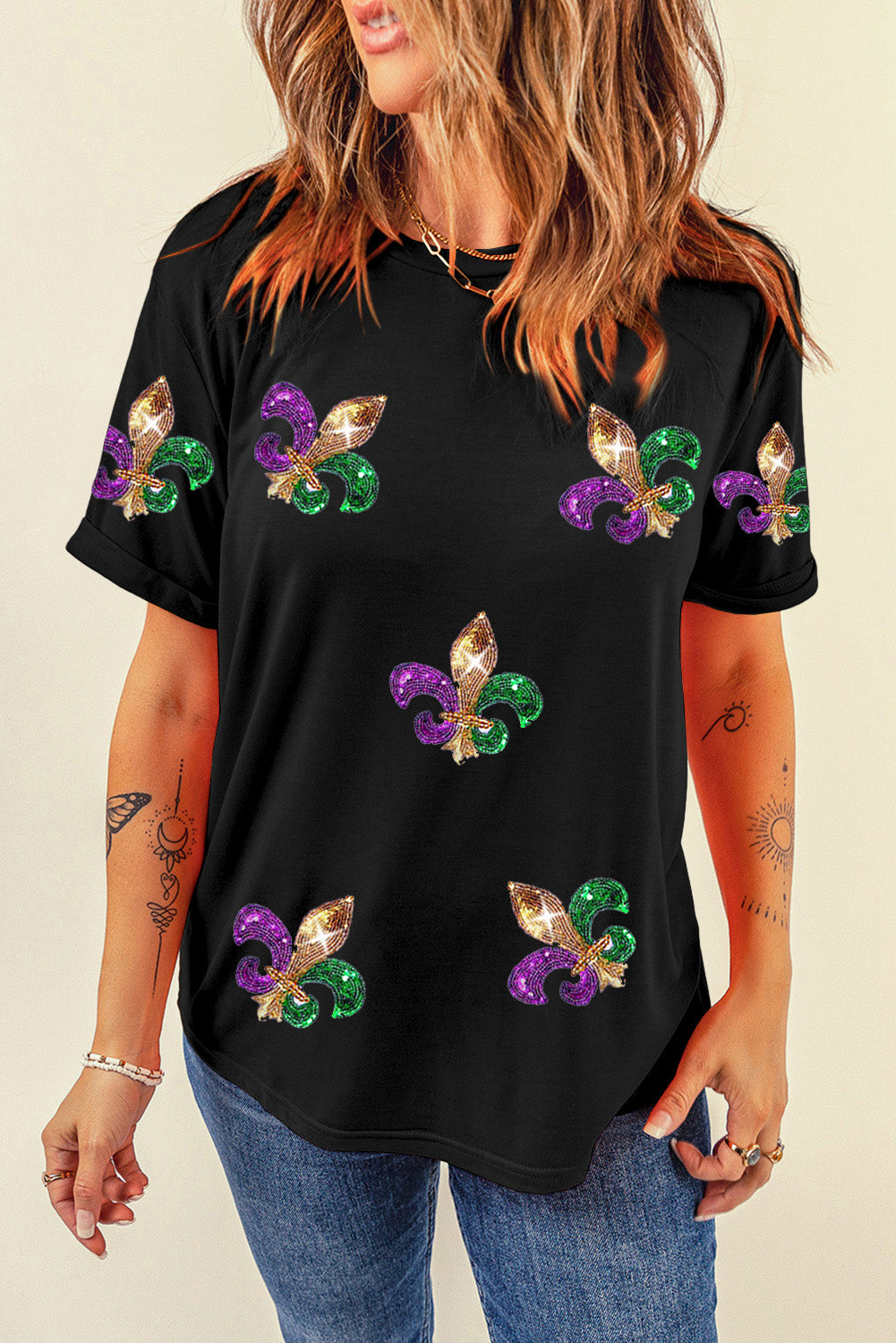 Black Mardi Gras Symbol Patched Crewneck T Shirt Graphic Tees JT's Designer Fashion