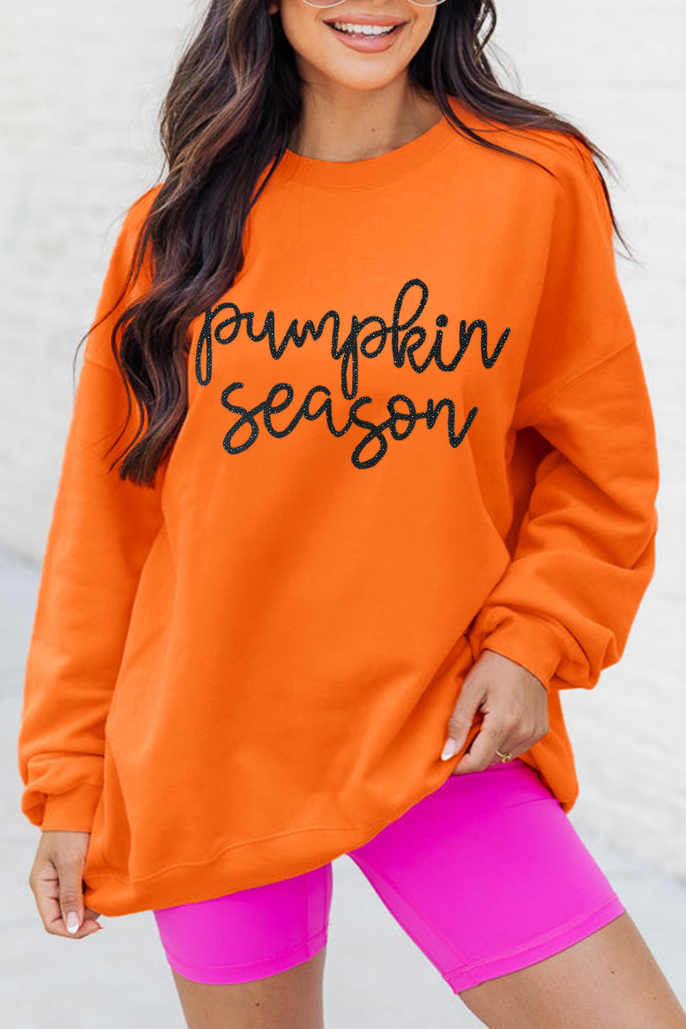 Russet Orange Glittering Pumpkin Season Graphic Drop Shoulder Pullover Sweatshirt Russet Orange 50%Polyester+50%Cotton Graphic Sweatshirts JT's Designer Fashion