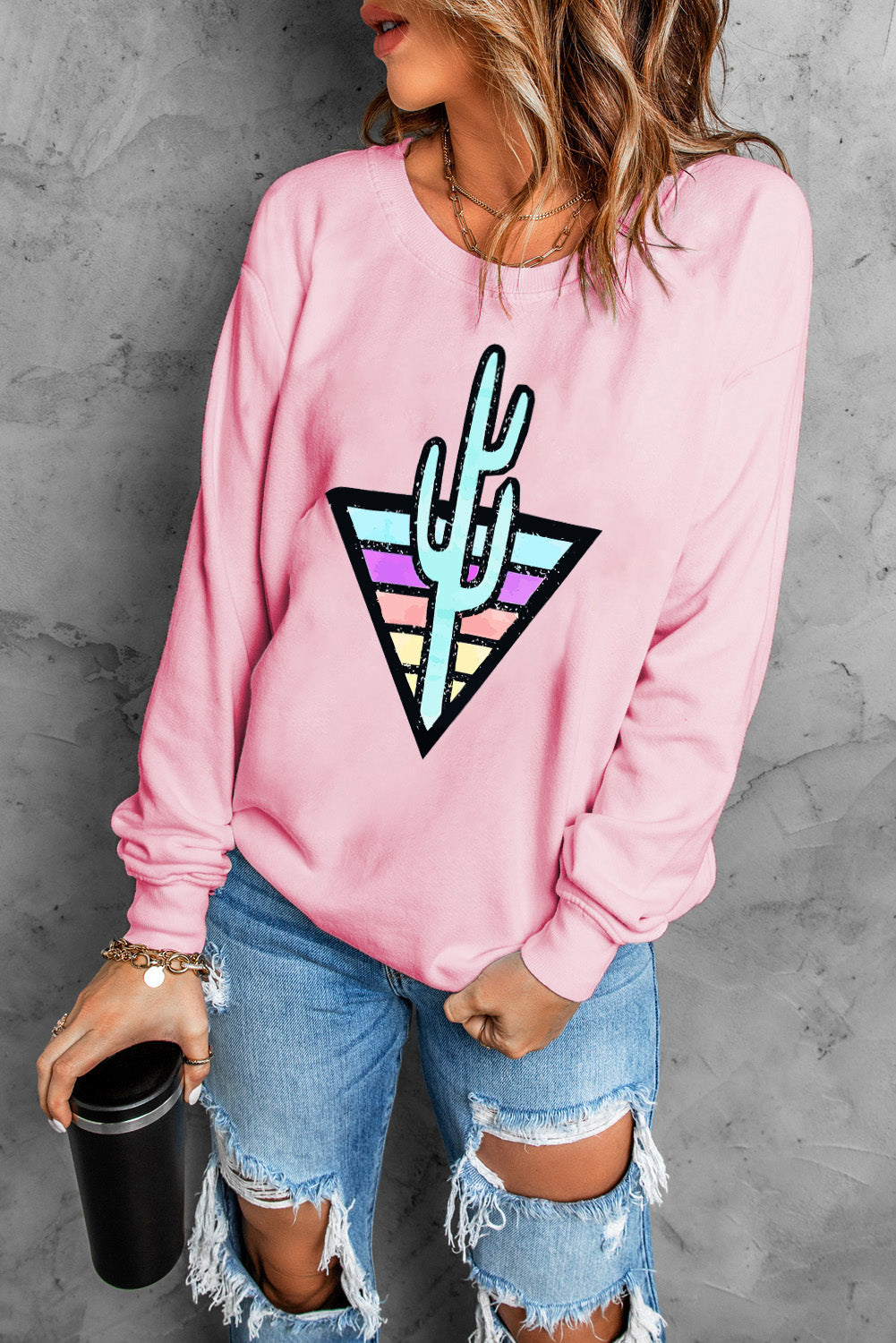 Pink Western Cactus Color Block Pullover Sweatshirt Graphic Sweatshirts JT's Designer Fashion