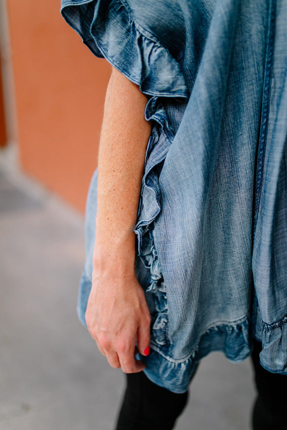 Dusk Blue Chambray Ruffle Hem Half Sleeve Open Loose Kimono Kimonos JT's Designer Fashion