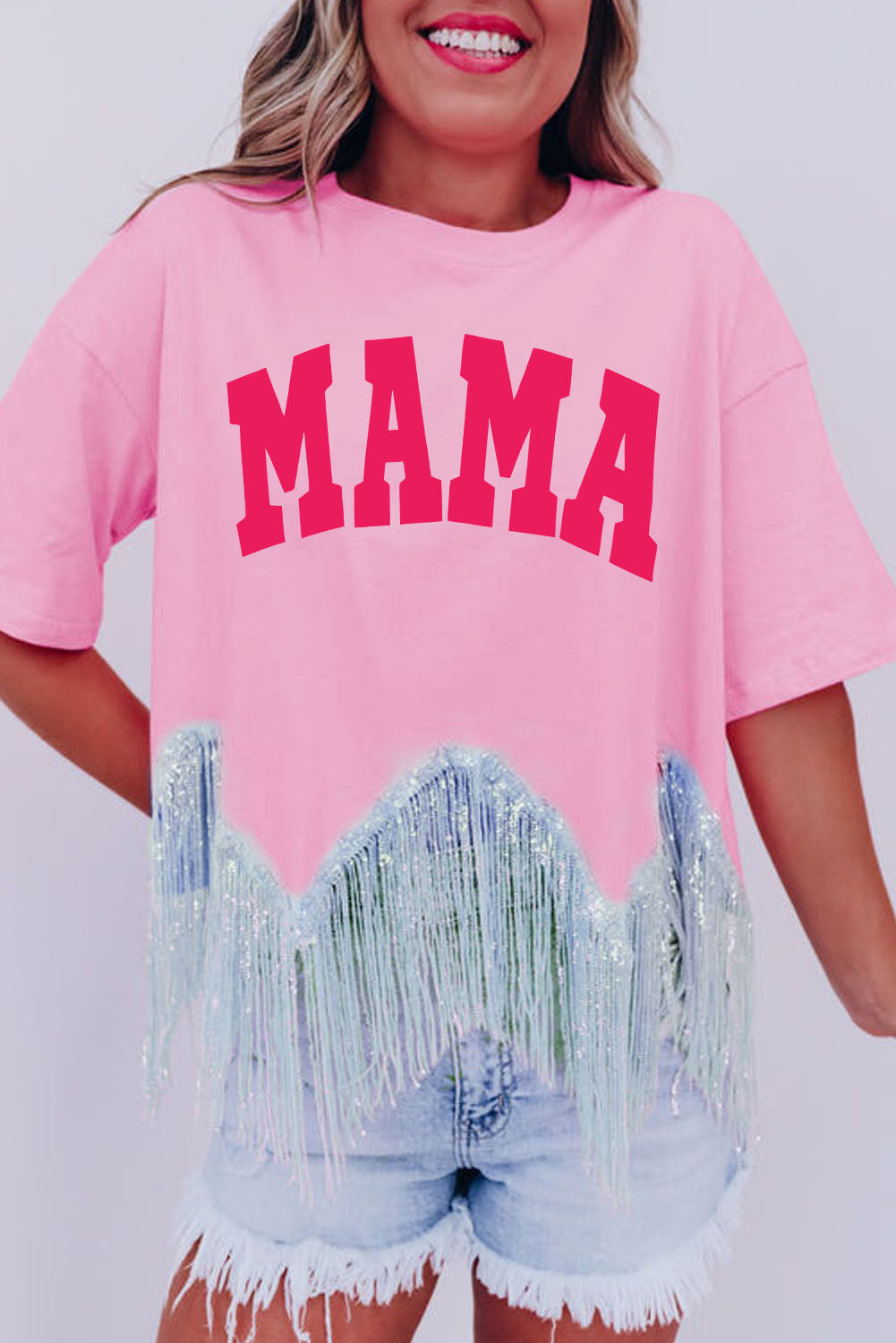 Pink MAMA Letter Print Sequined Tassel Hem T-shirt Graphic Tees JT's Designer Fashion