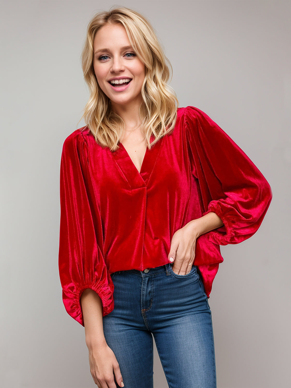 V-Neck Three-Quarter Sleeve Blouse Scarlet Long Sleeve Tops JT's Designer Fashion