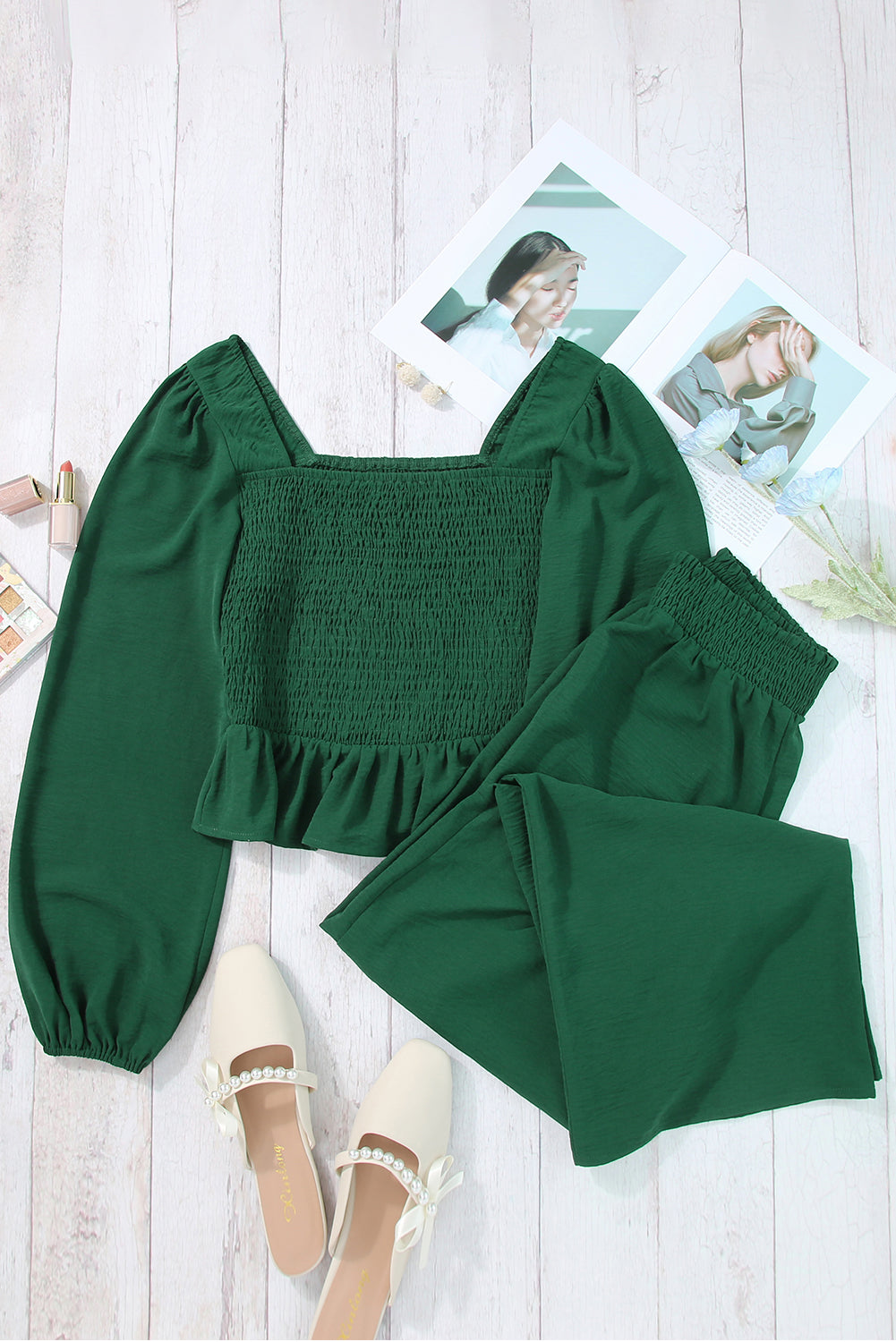 Green Square Neck Smocked Peplum Top and Pants Set Pant Sets JT's Designer Fashion