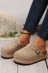 Parchment Rivet Buckle Closed Toe Platform Slippers Slippers JT's Designer Fashion