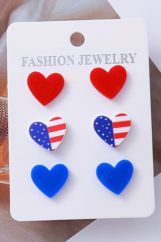 Fiery Red American Flag Print Heart Shape Stud Earrings Set Jewelry JT's Designer Fashion