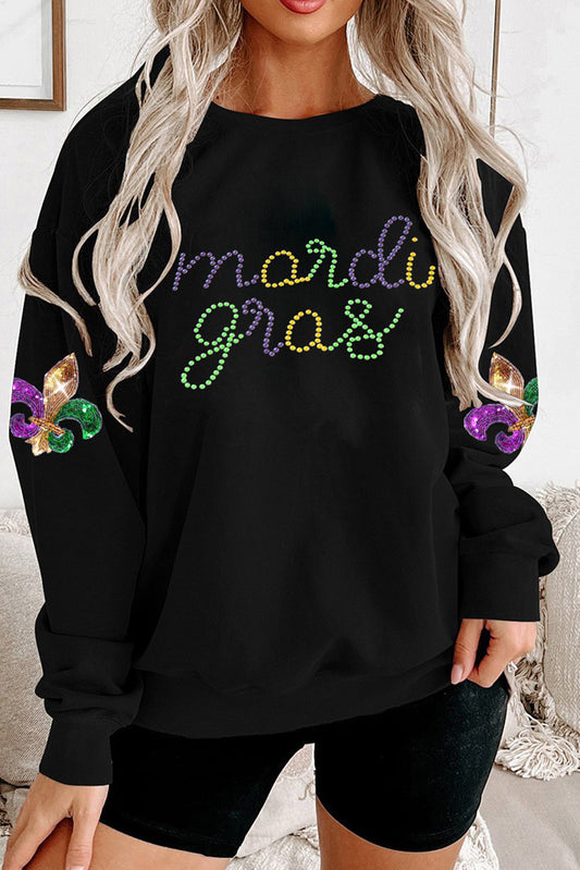 Black Ceramic Rhinestone mardi gras Letter Graphic Sweatshirt Graphic Sweatshirts JT's Designer Fashion