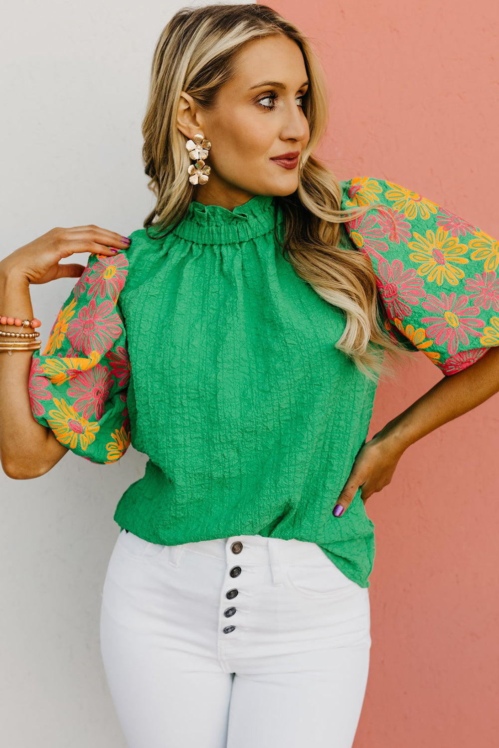 Bright Green Floral Puff Short Sleeve Ruffled Collar Button Back Top Blouses & Shirts JT's Designer Fashion