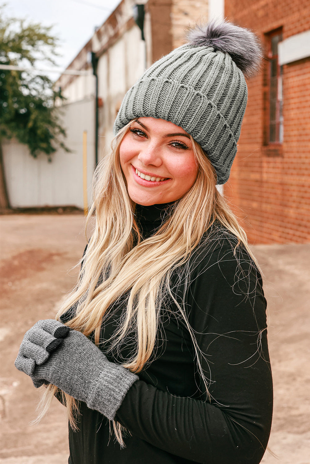 Gray Warm Furry Pompom Beanie with Telefingers Gloves Hats & Caps JT's Designer Fashion