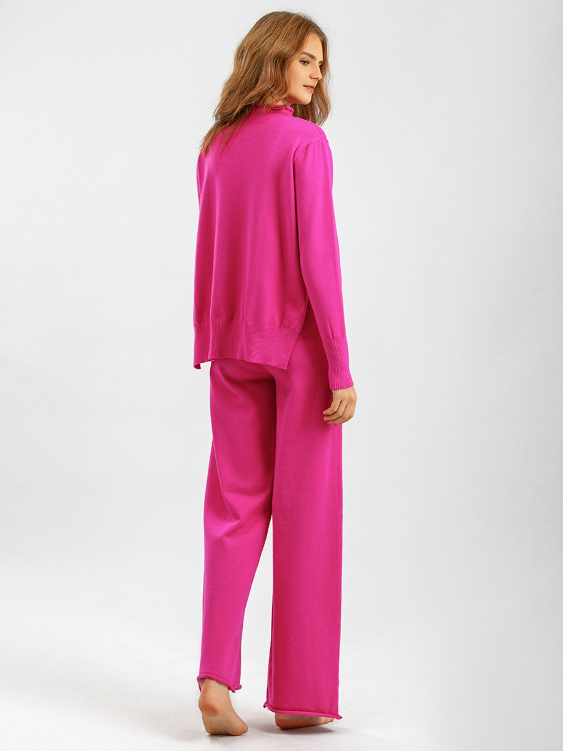 Mock Neck Long Sleeve Top and Pants Sweater Set Hot Pink One Size Pant Sets JT's Designer Fashion