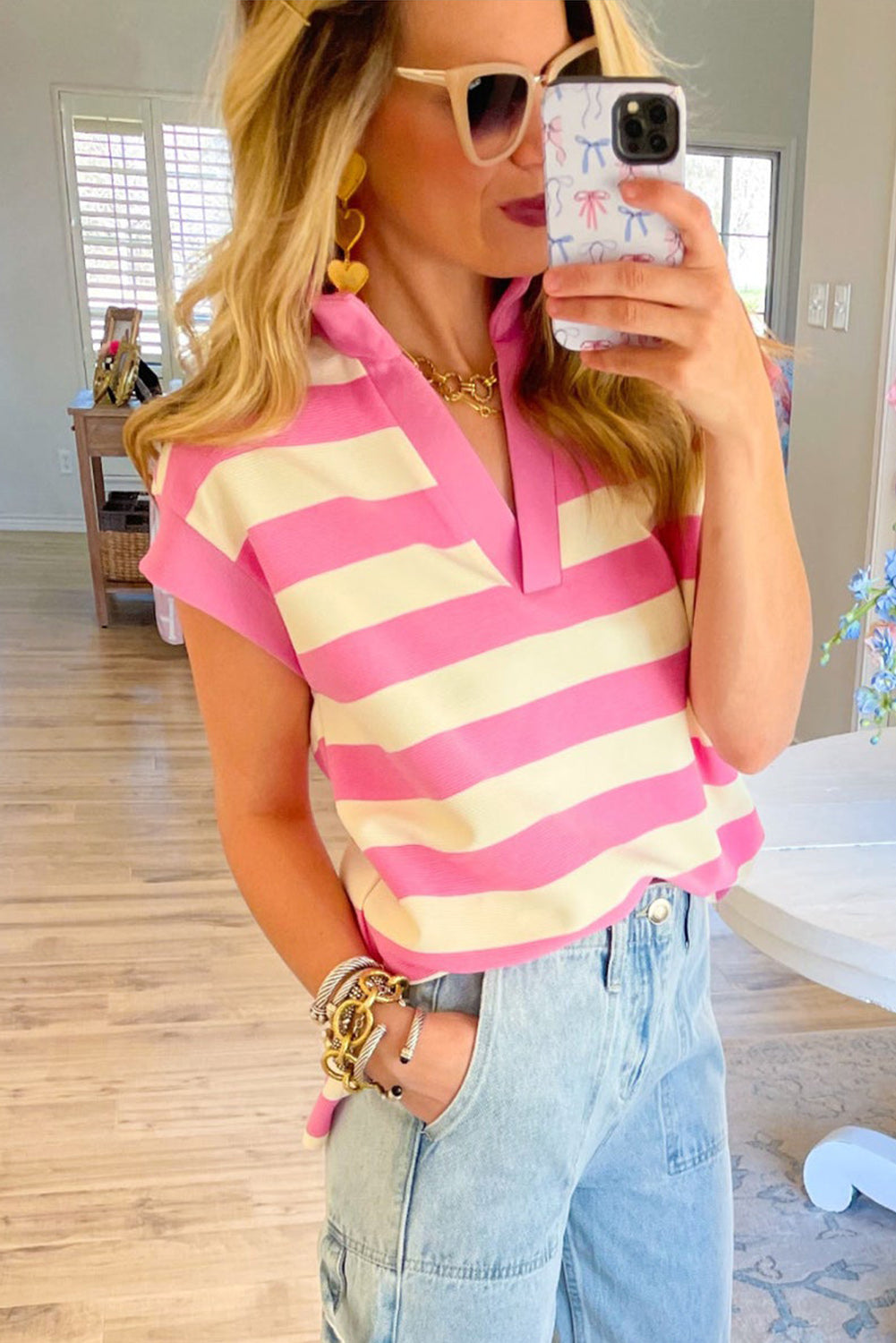 Pink Stripe V Neck Collared Cap Sleeve Top Tops & Tees JT's Designer Fashion