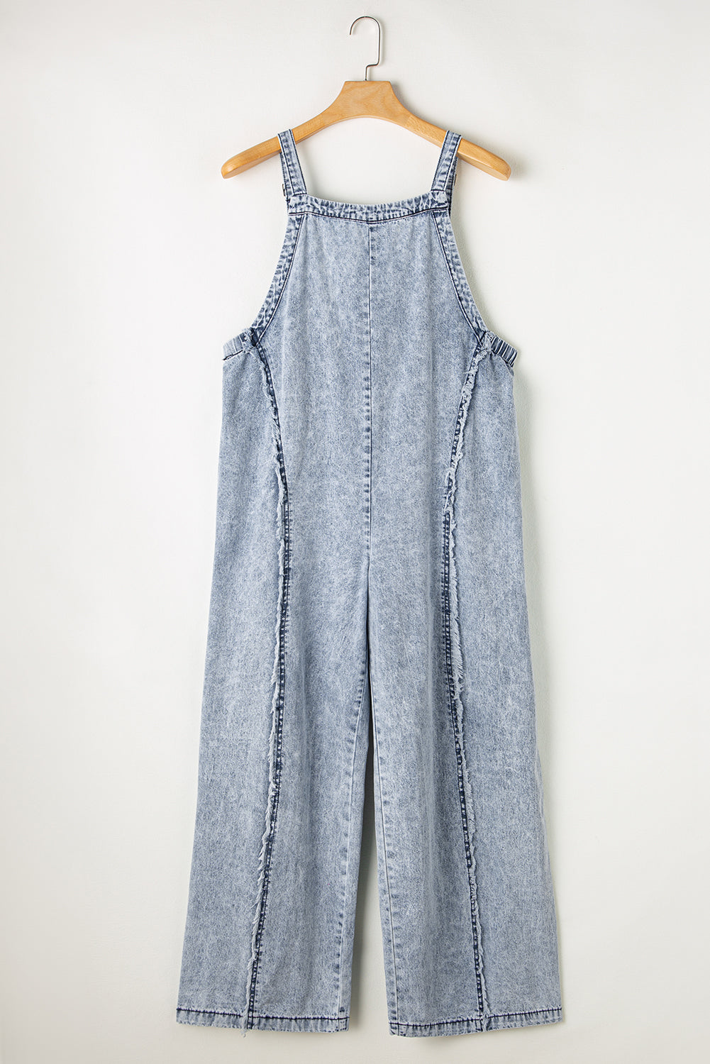 Beau Blue Light Wash Frayed Exposed Seam Wide Leg Denim Overall Jumpsuits & Rompers JT's Designer Fashion