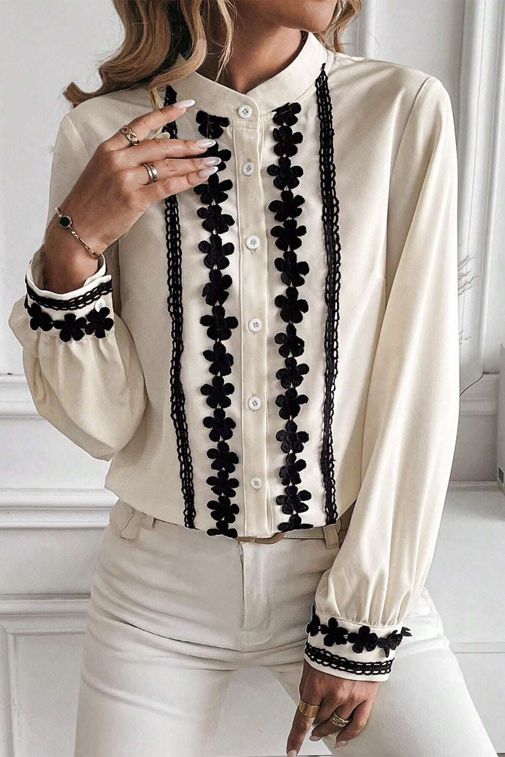 Beige Floral Embroidered Stand Neck Buttoned Shirt Blouses & Shirts JT's Designer Fashion