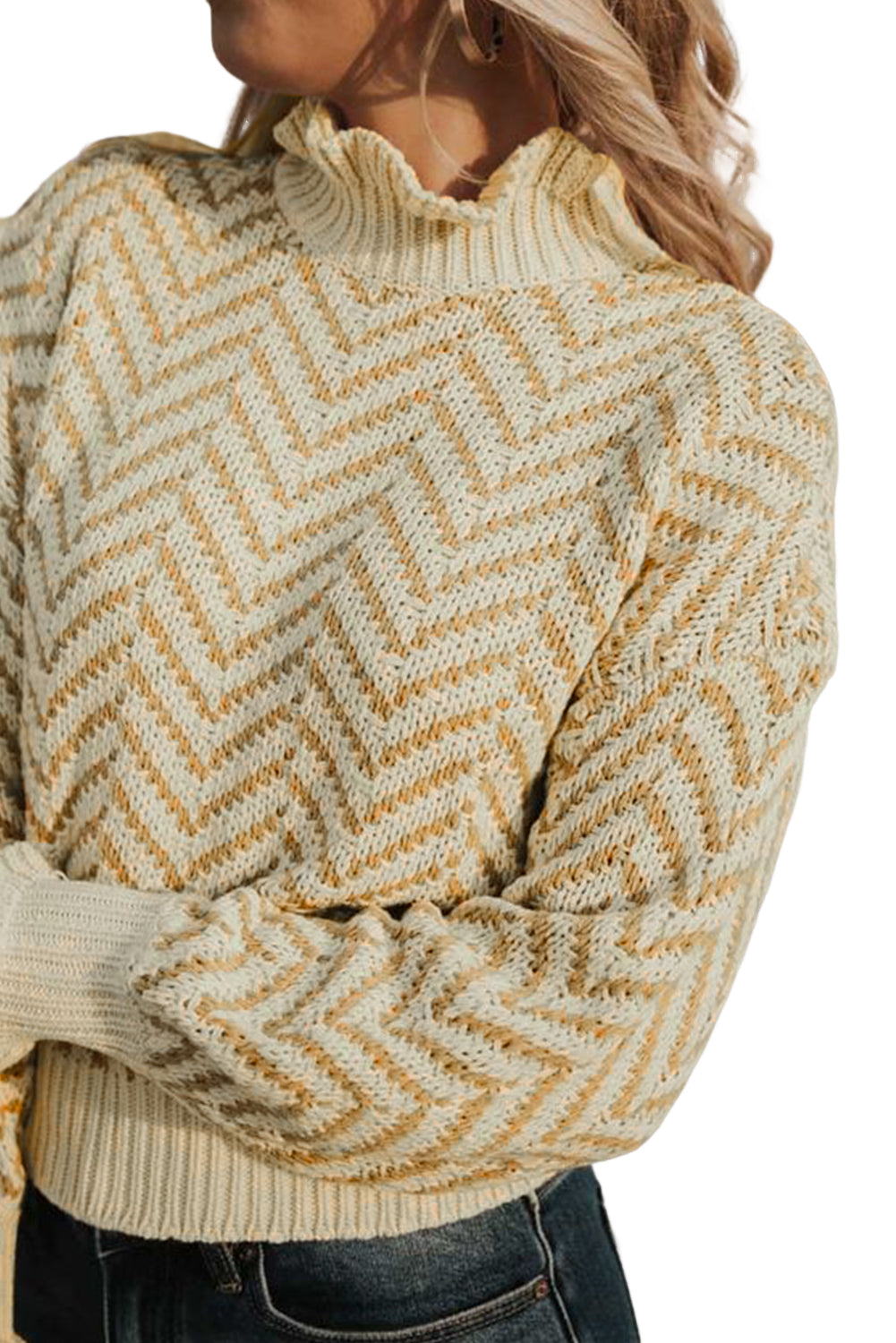 Khaki Chevron Striped High Neck Drop Shoulder Sweater Sweaters & Cardigans JT's Designer Fashion