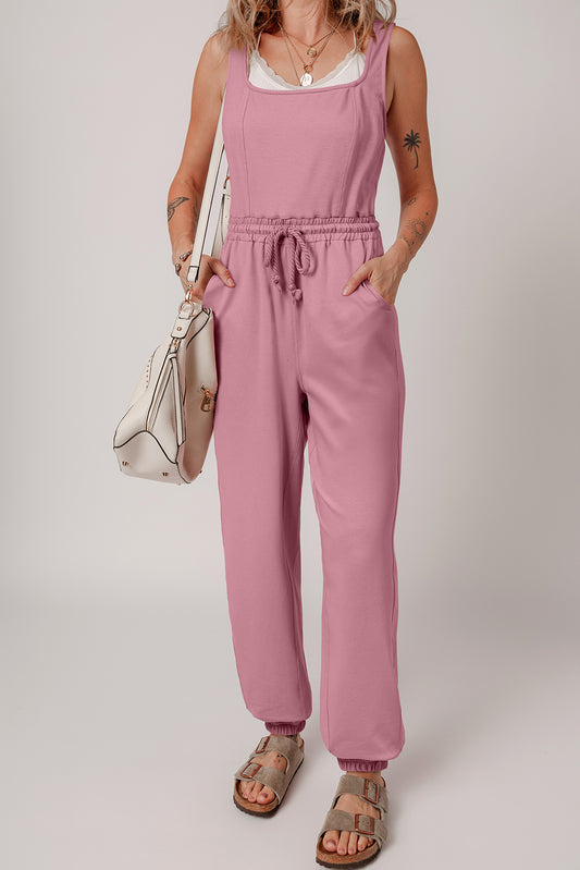 Light Pink Lace-up Elastic Waist Sleeveless Square Neck Jumpsuit Bottoms JT's Designer Fashion