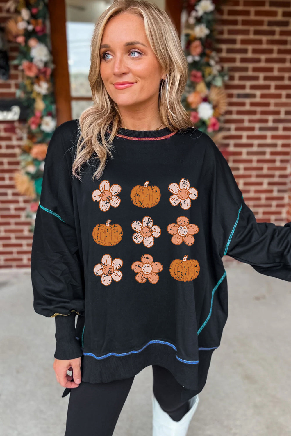 Black Floral Pumpkin Graphic Split Lantern Sleeve Seamed Sweatshirt Graphic Sweatshirts JT's Designer Fashion