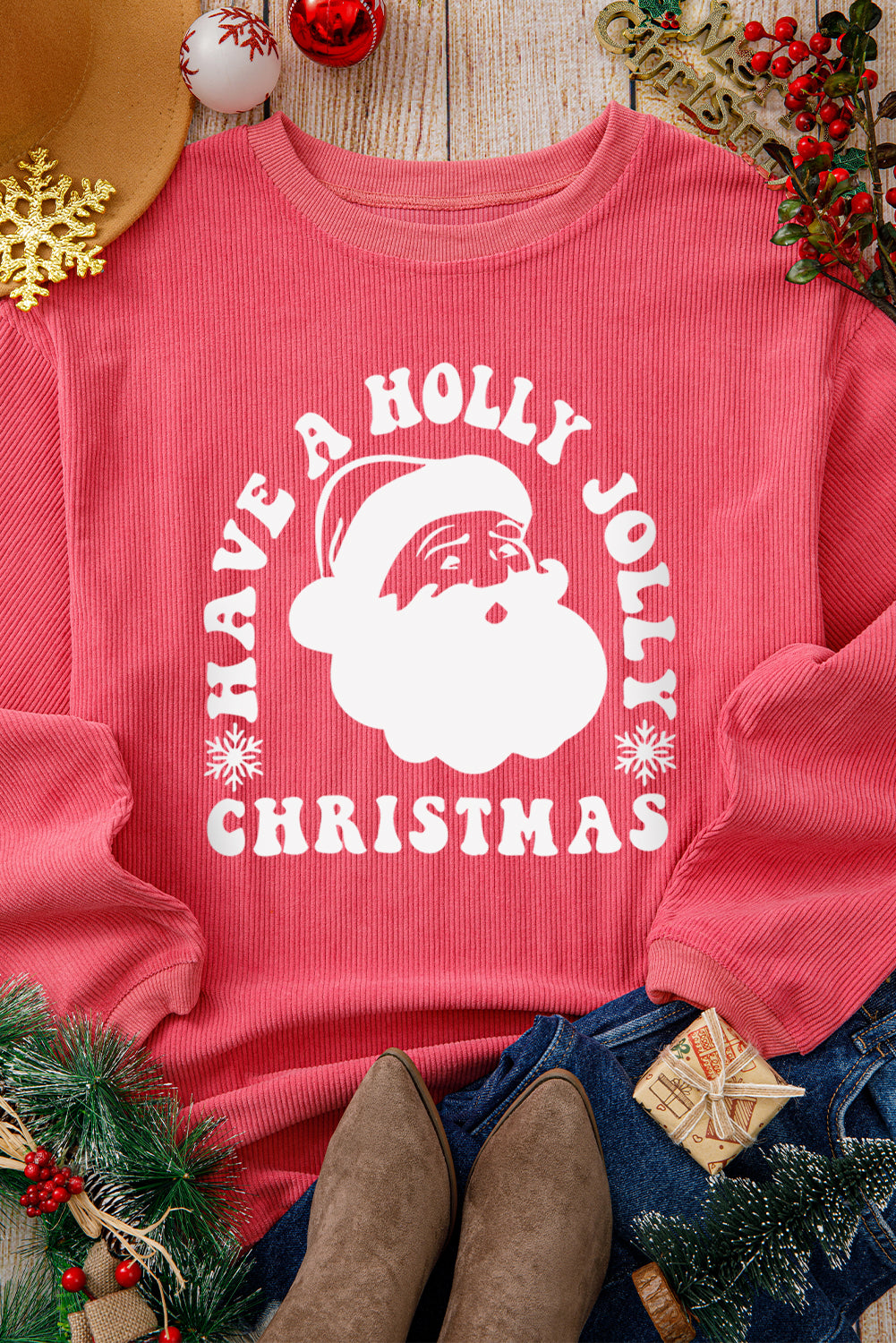 Strawberry Pink HAVE A HOLLY JOLLY CHRISTMAS Corded Sweatshirt Graphic Sweatshirts JT's Designer Fashion