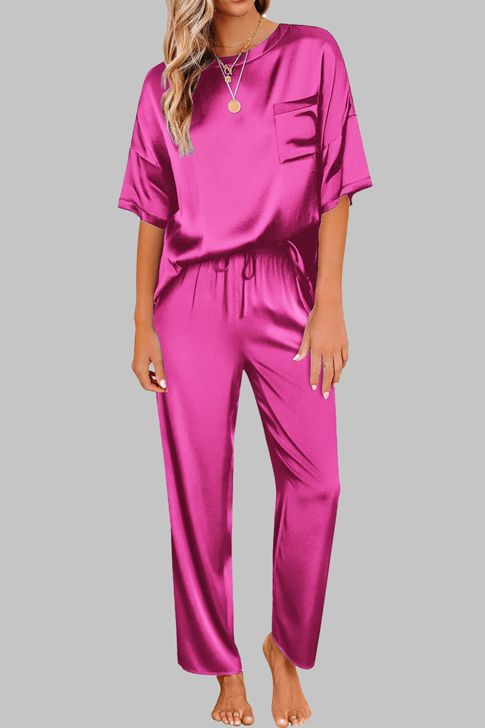 Bright Pink Satin Loose Tee and Drawstring Pants Set Pre Order Bottoms JT's Designer Fashion