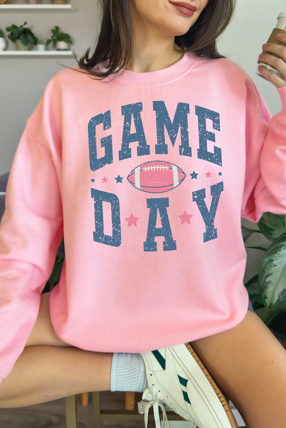 Pink Rugby Football GAME DAY Graphic Drop Shoulder Sweatshirt Pink 50%Polyester+50%Cotton Graphic Sweatshirts JT's Designer Fashion