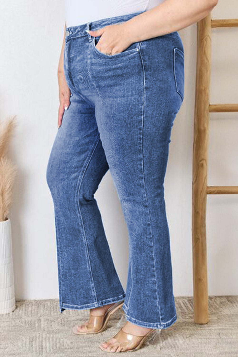 Blue Plus Size Exposed Seam High Waist Flare Jeans Plus Size Bottoms JT's Designer Fashion