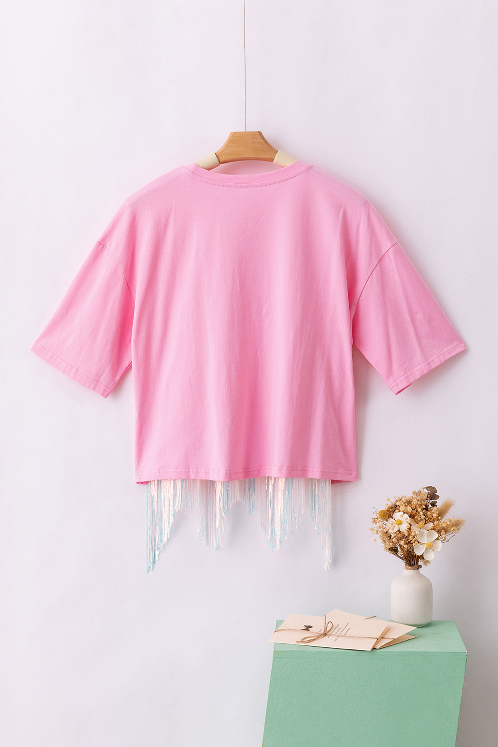 Pink Queen Card Sequin Fringed Hem T-shirt Graphic Tees JT's Designer Fashion