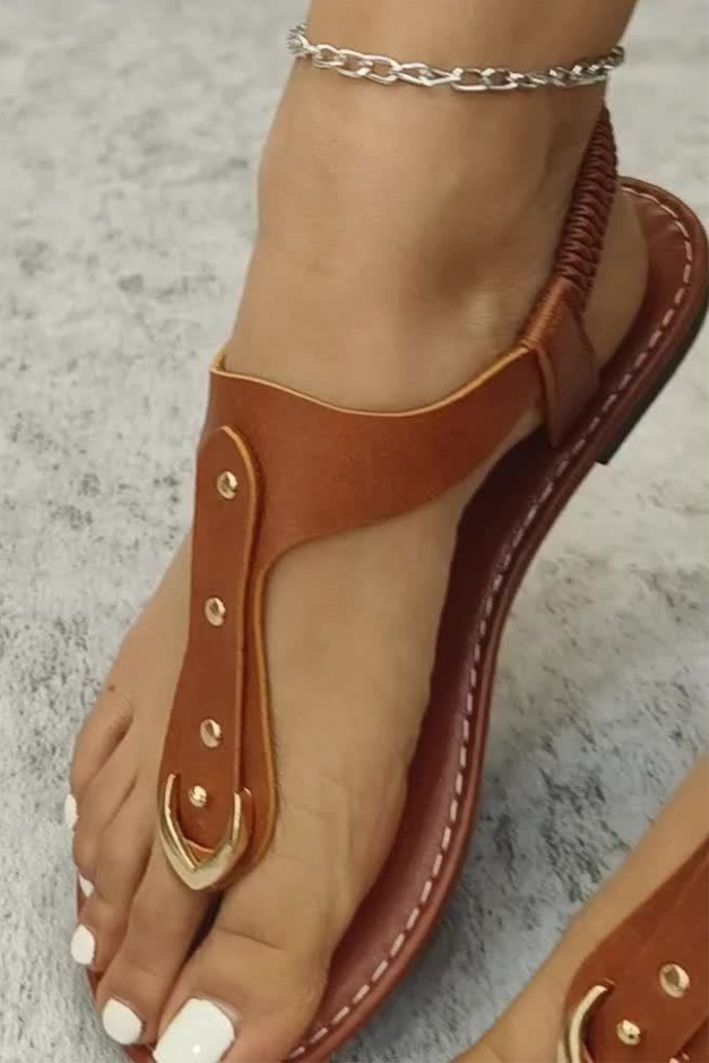 Chestnut Faux Leather Hollow Out Clip Toe Flat Sandals Sandals JT's Designer Fashion