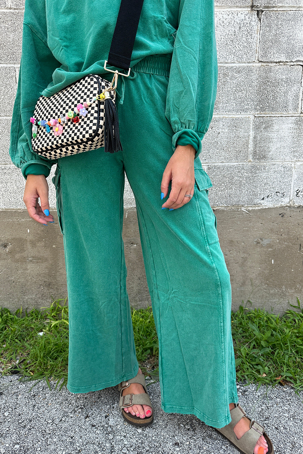 Lapis Solid Color Mineral Wash Pullover Top and Cargo Pants Set Pant Sets JT's Designer Fashion