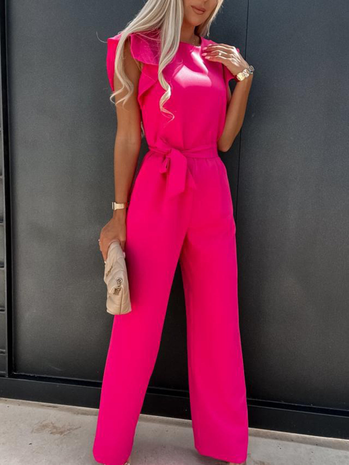 Ruffled Round Neck Cap Sleeve Jumpsuit Hot Pink Jumpsuits & Rompers JT's Designer Fashion