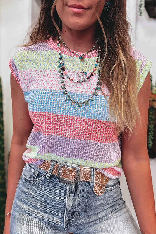 Pink Textured Colorblock Cap Sleeve Crew Neck Tee