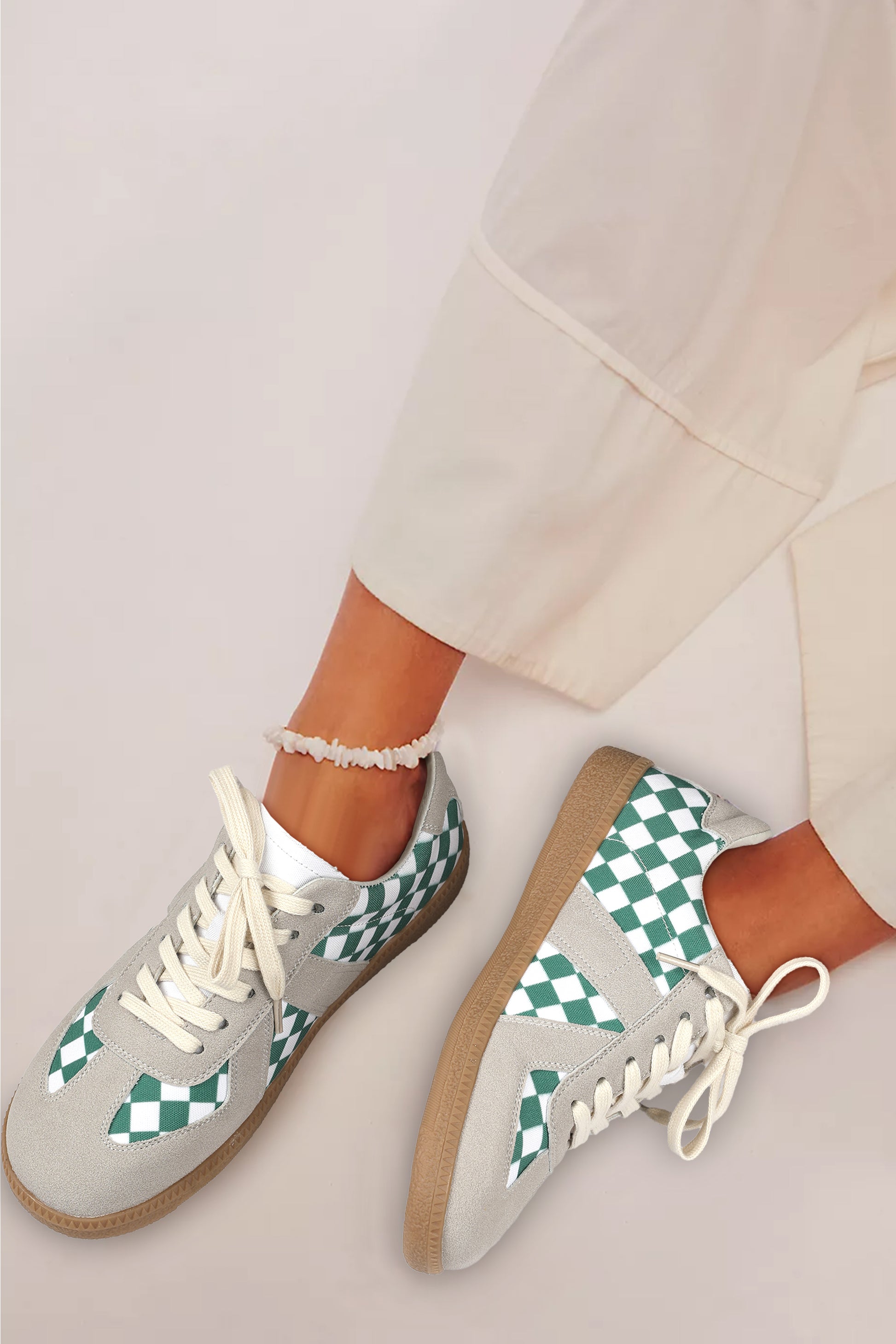 Sea Green Checkered Leather Lace-up Flat Shoes Women's Shoes JT's Designer Fashion