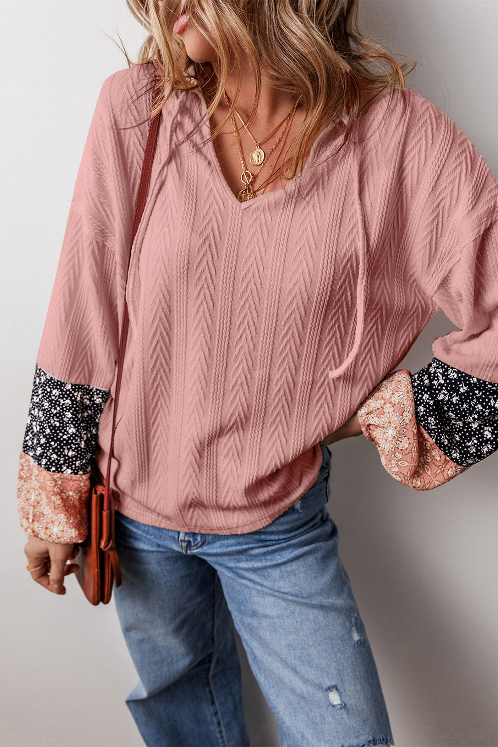 Dusty Pink Floral Patchwork Textured Knit Drawstring V Neck Blouse Blouses & Shirts JT's Designer Fashion