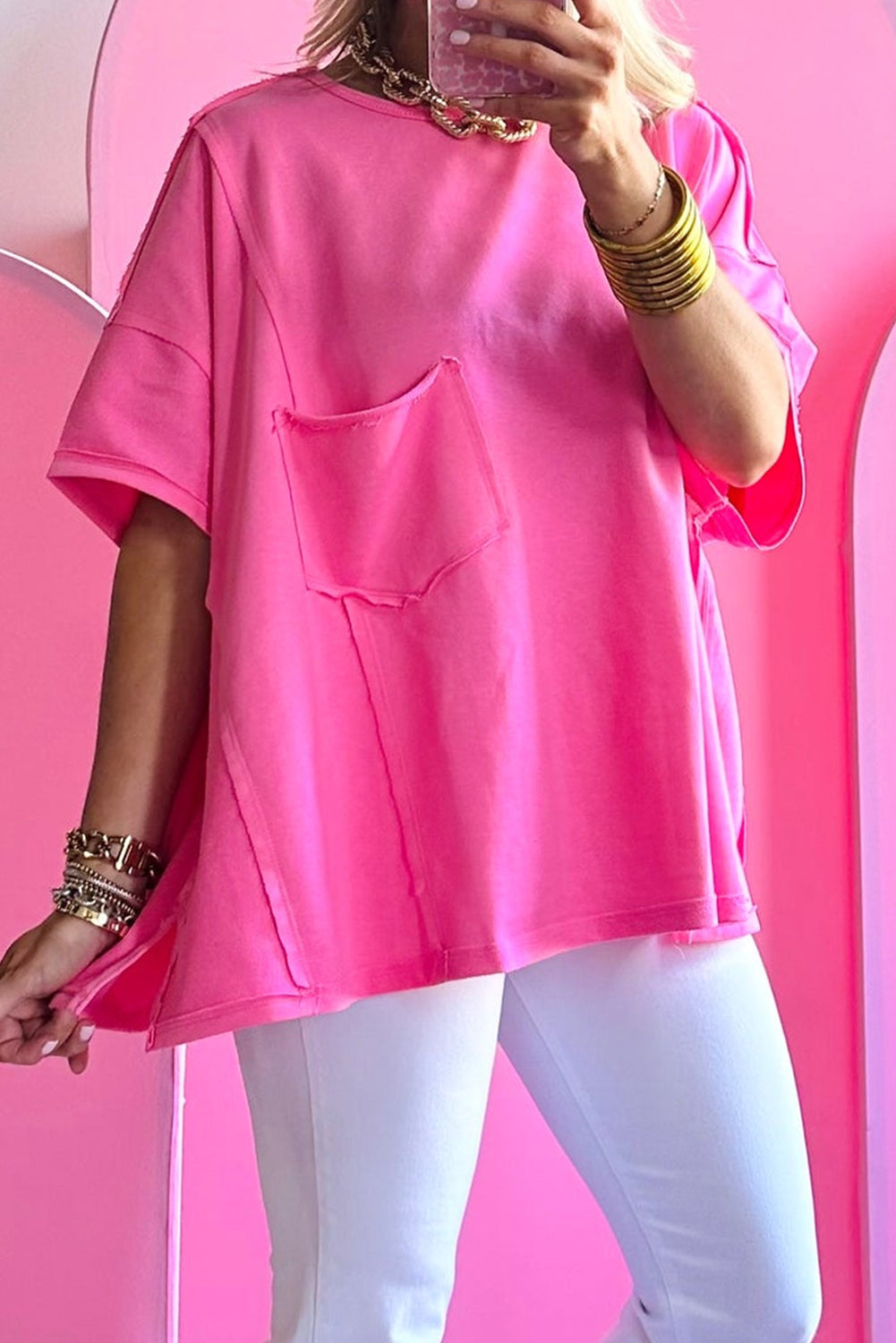 Bright Pink Patched Pocket Exposed Seam Oversize T-shirt Tops & Tees JT's Designer Fashion