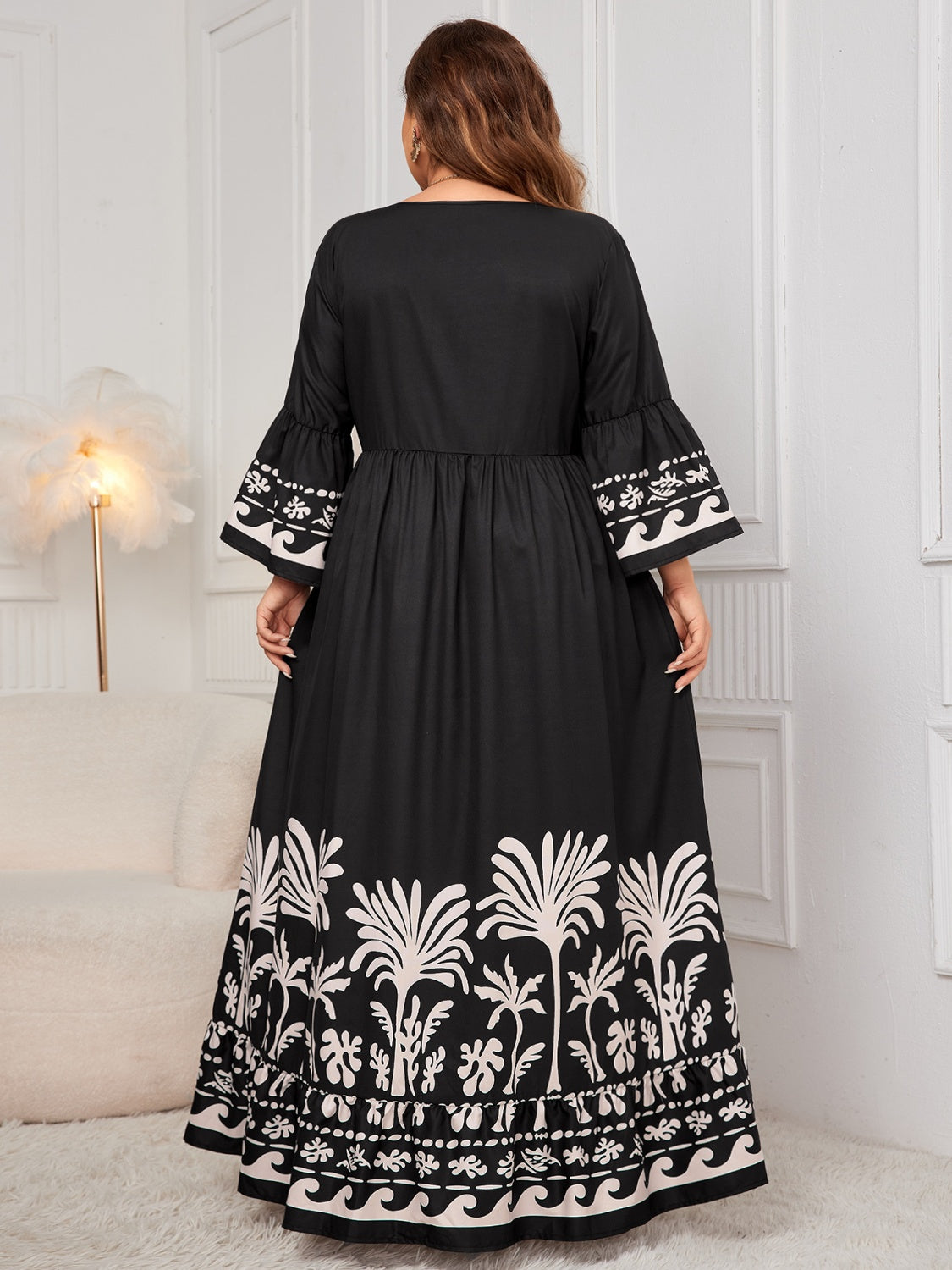 Plus Size Printed V-Neck Long Sleeve Maxi Dress Maxi Dresses JT's Designer Fashion