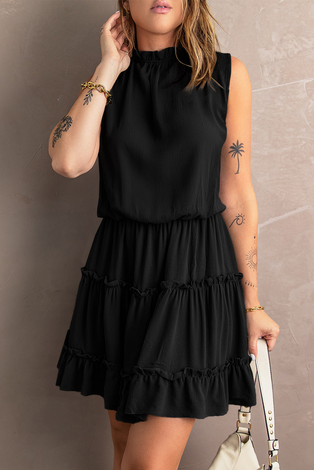 Black Sleeveless V Neck Ruffled Swing Mini Dress Mini Dresses JT's Designer Fashion