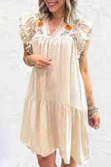 Jet Stream Linen Embroidery Split Neck Pom Pom Ruffle Sleeves Flowy Short Dress Mini Dresses JT's Designer Fashion