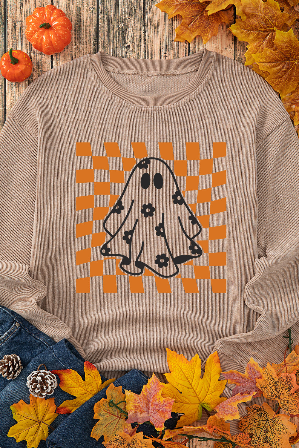 Khaki Checkerboard Floral Ghost Graphic Corded Halloween Sweatshirt Graphic Sweatshirts JT's Designer Fashion