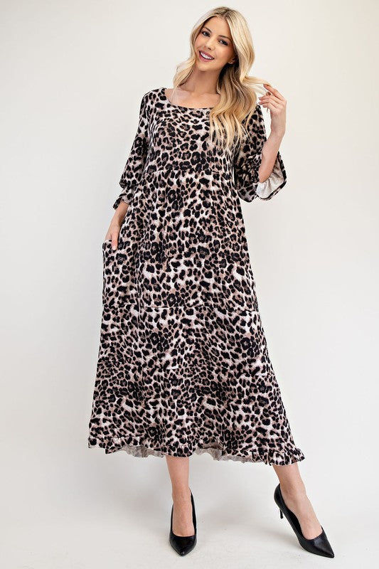 Celeste Full Size Leopard Round Neck Flounce Sleeve Dress Maxi Dresses JT's Designer Fashion