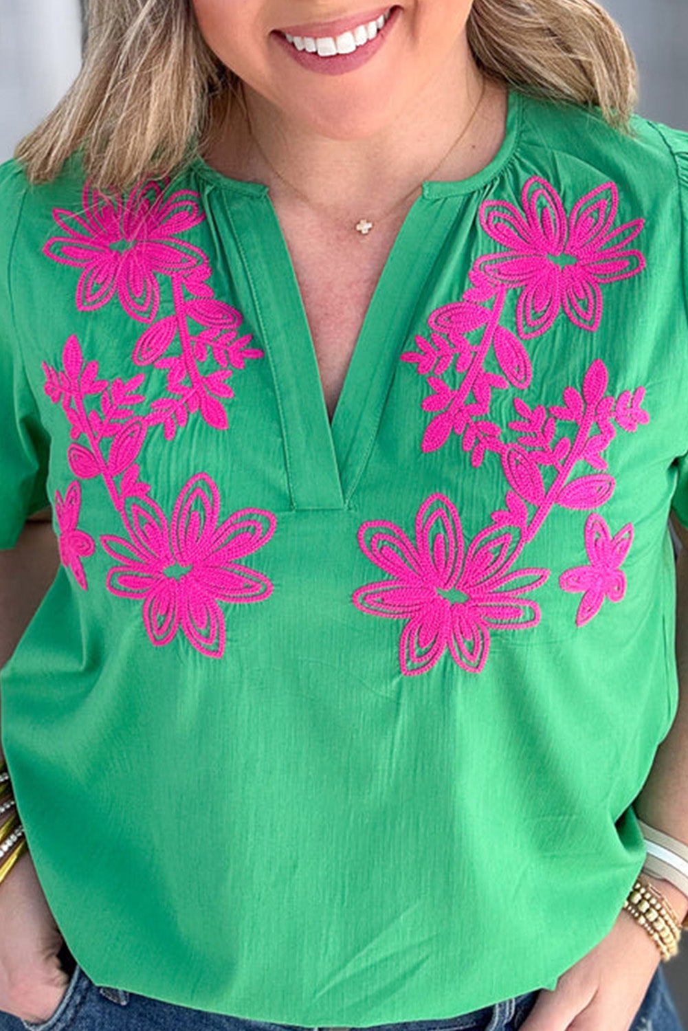 Bright Green Plus Size Floral Embroidered Notch V Neck Blouse Plus Size JT's Designer Fashion