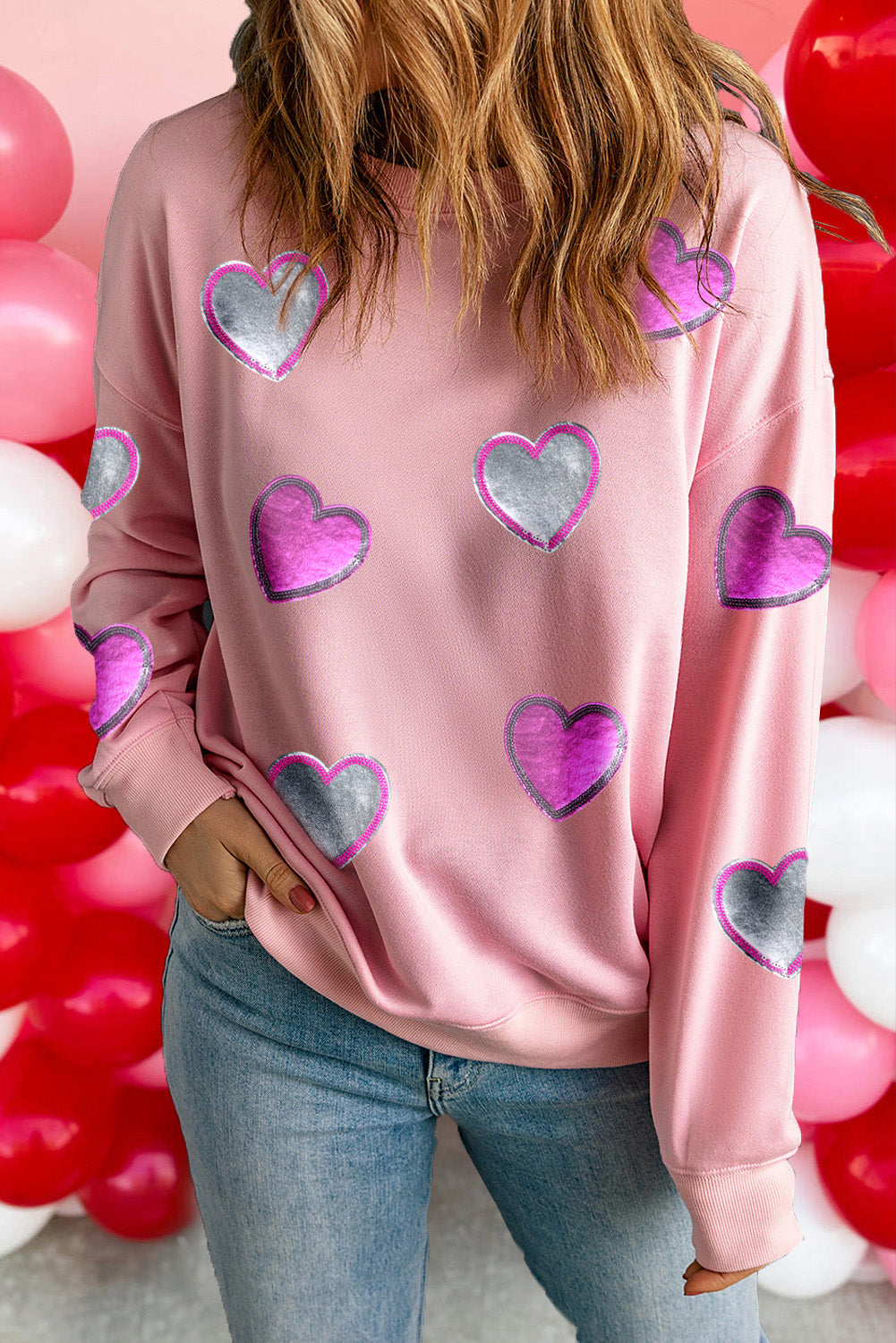 Pink Valentines Heart Patched Drop Shoulder Sweatshirt Graphic Sweatshirts JT's Designer Fashion