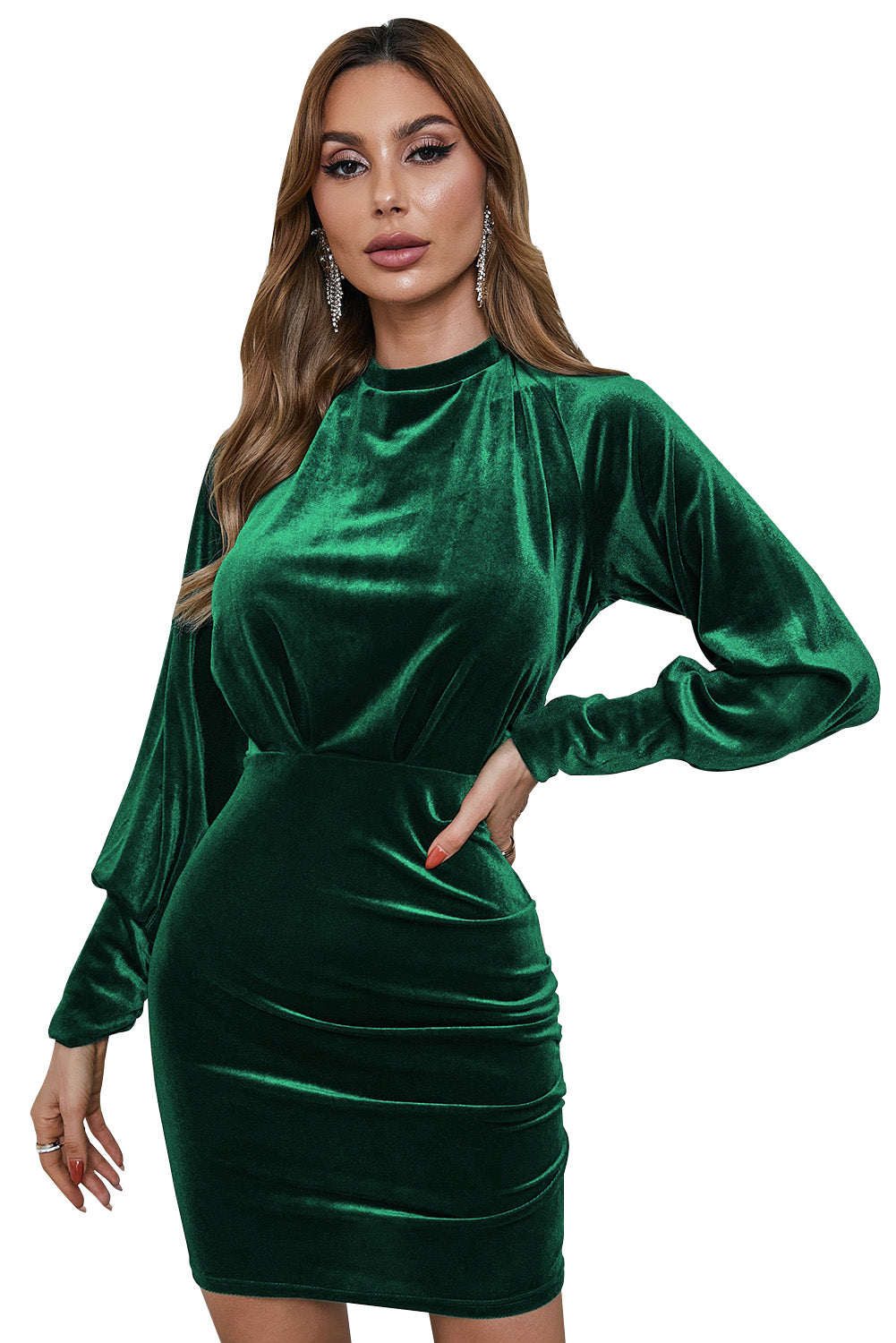 Green Mock Neck Long Sleeve Ruched Velvet Mini Dress with Hollow-out Back Mini Dresses JT's Designer Fashion