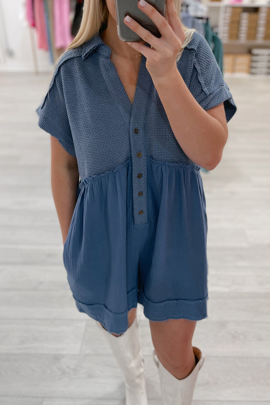 Ashleigh Blue Textured Splicing Short Sleeve Turn-Down Collar Buttons Romper Bottoms JT's Designer Fashion