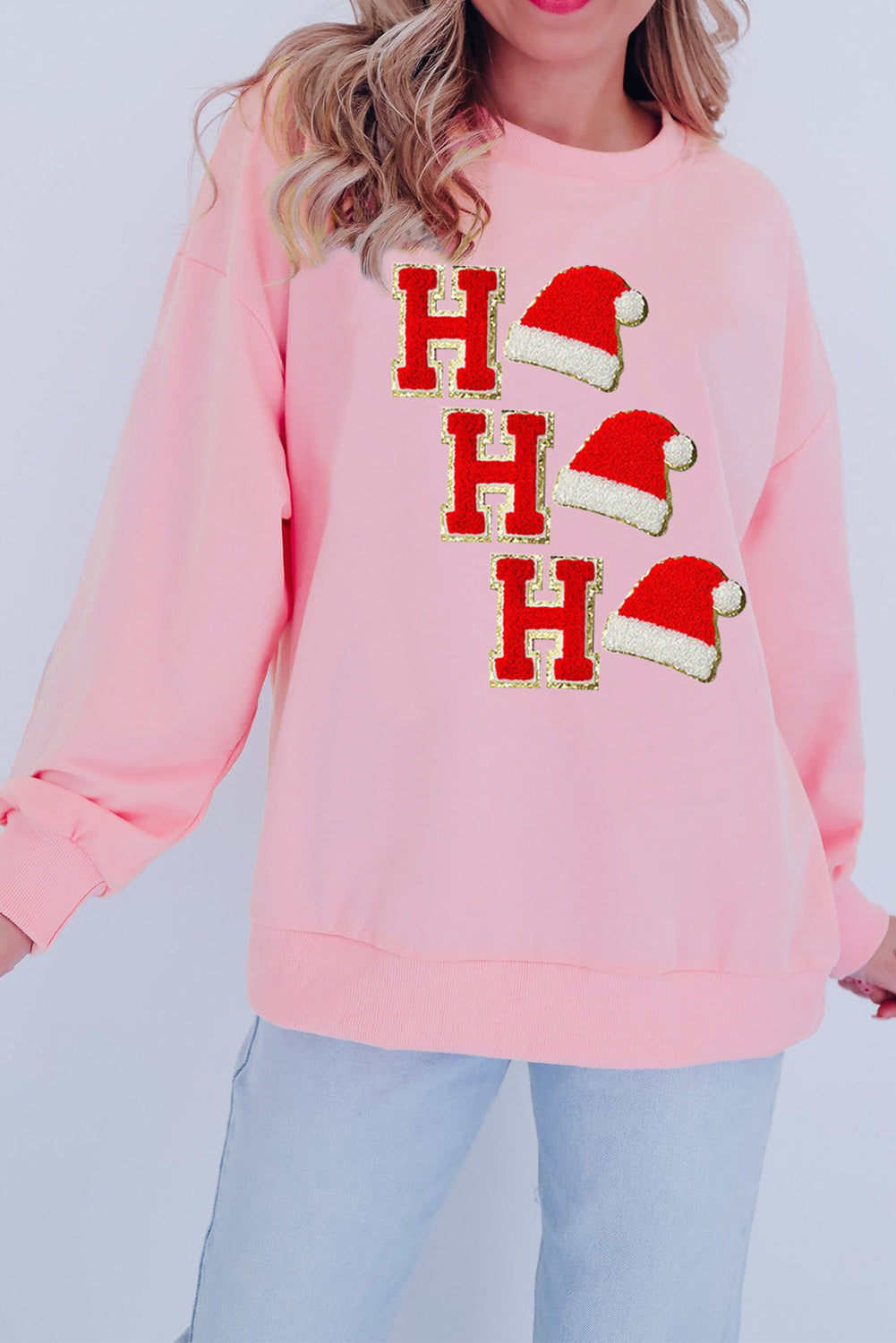 Light Pink Sequin Christmas Hat HO HO HO Graphic Pullover Sweatshirt Sweatshirts & Hoodies JT's Designer Fashion