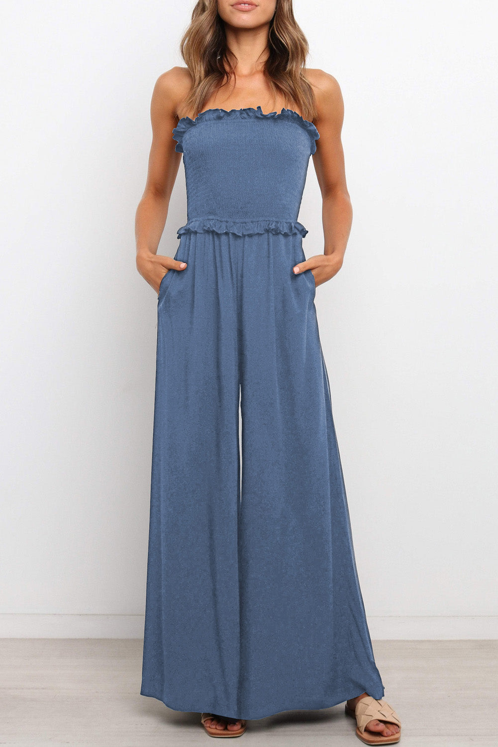 Blue Smocked Bandeau Wide Leg Jumpsuit Blue 100%polyester Jumpsuits & Rompers JT's Designer Fashion