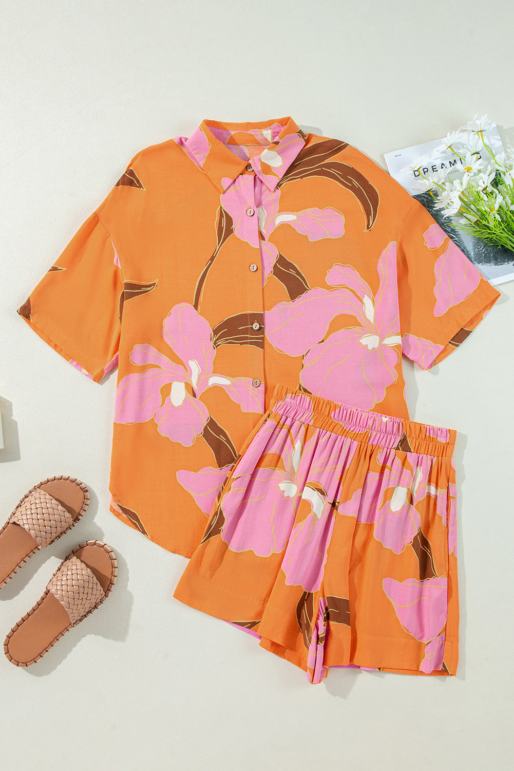 Russet Orange Floral Print Tunic Shirt and Shorts Set Short Sets JT's Designer Fashion