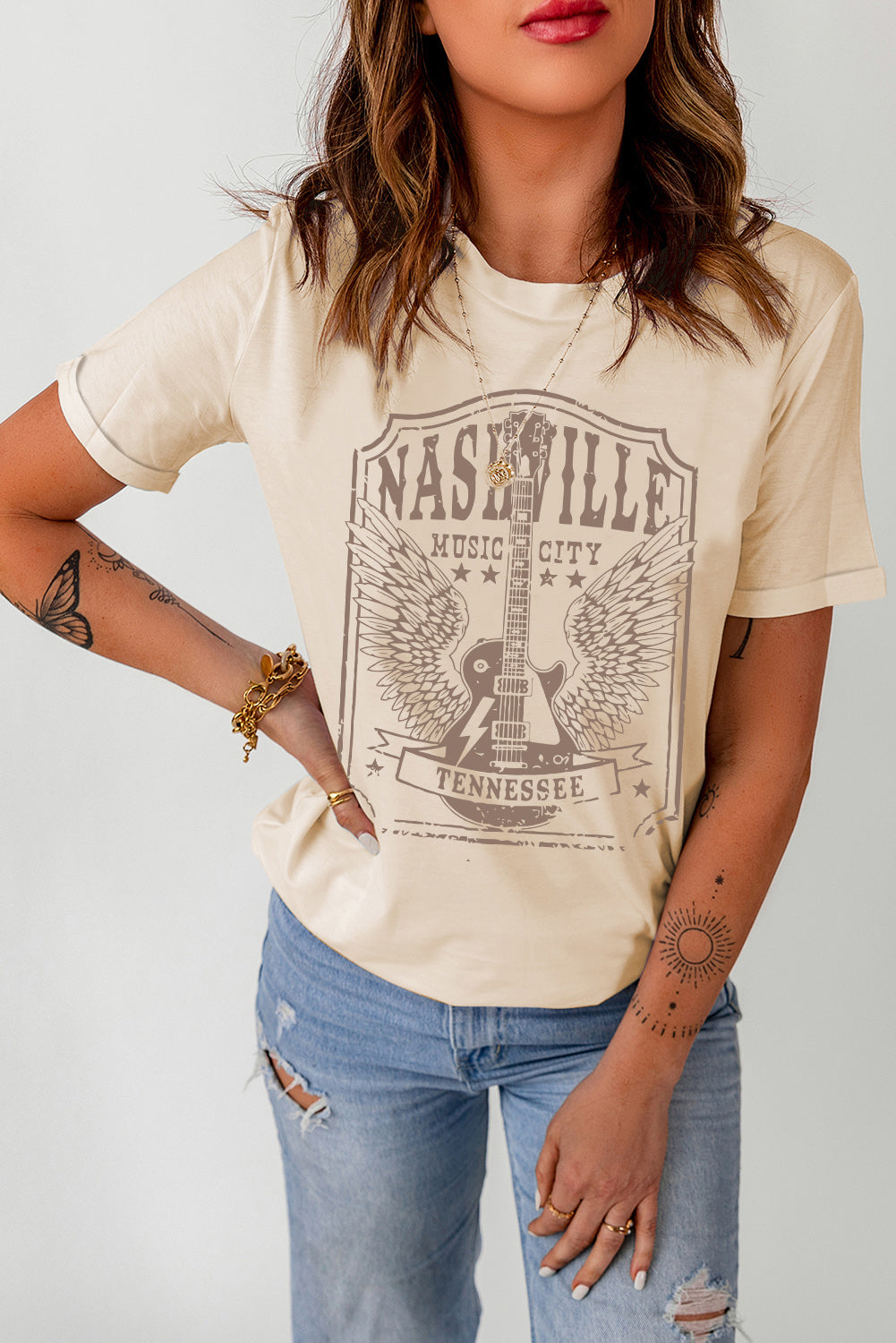 Khaki NASHVILLE MUSIC CITY Guitar Graphic T Shirt Graphic Tees JT's Designer Fashion