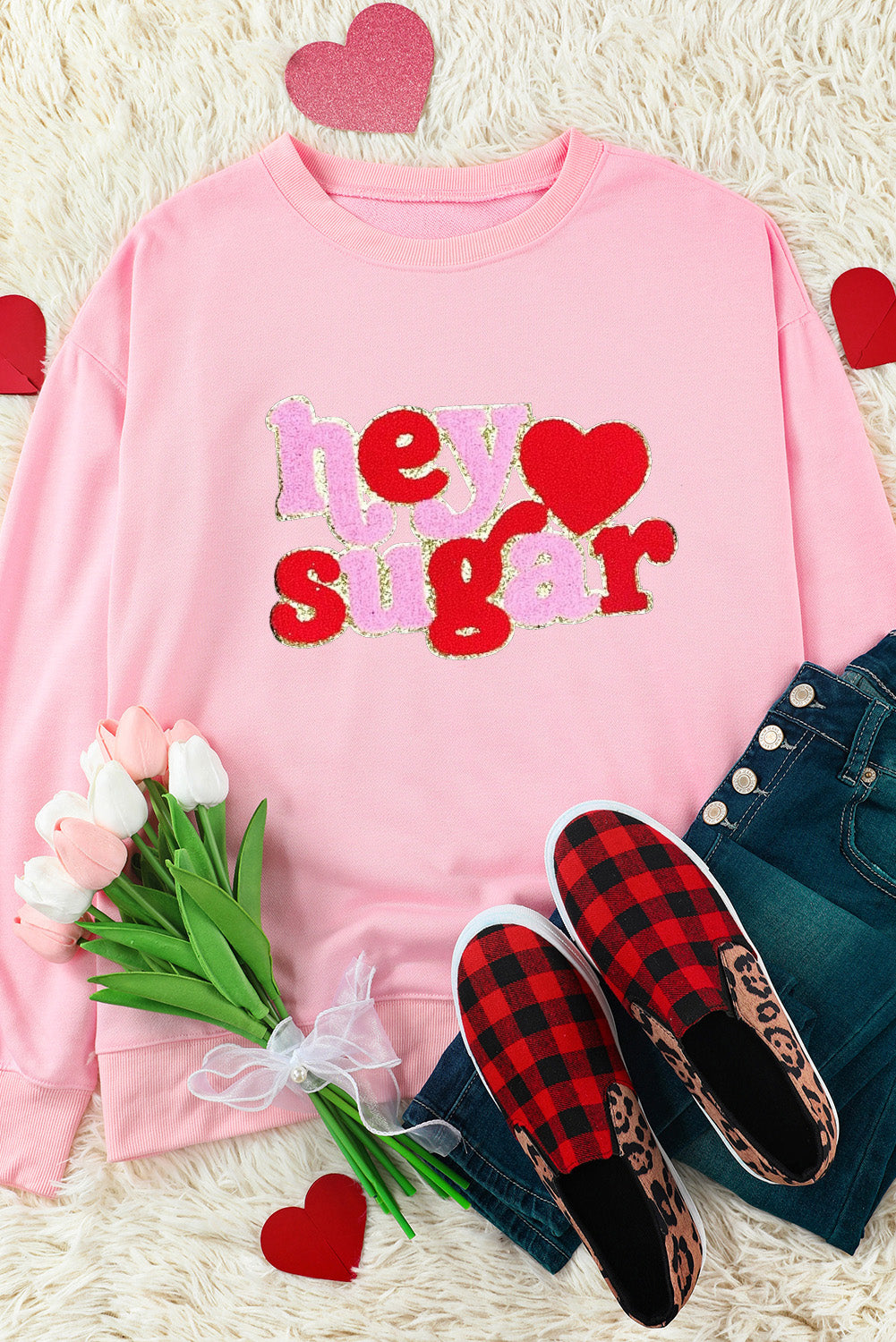 Pink Chenille Heart hey sugar Patched Pattern Valentines Pullover Sweatshirt Graphic Sweatshirts JT's Designer Fashion